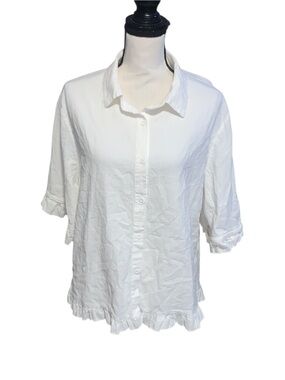 Izuria white linen button down shirt ruffle 3/4 sleeves